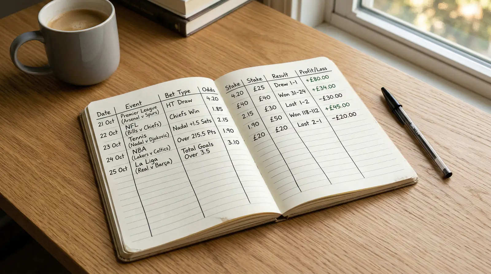 Aufgeschlagenes Notizbuch mit handgeschriebener Wetttabelle und Stift auf einem Schreibtisch
