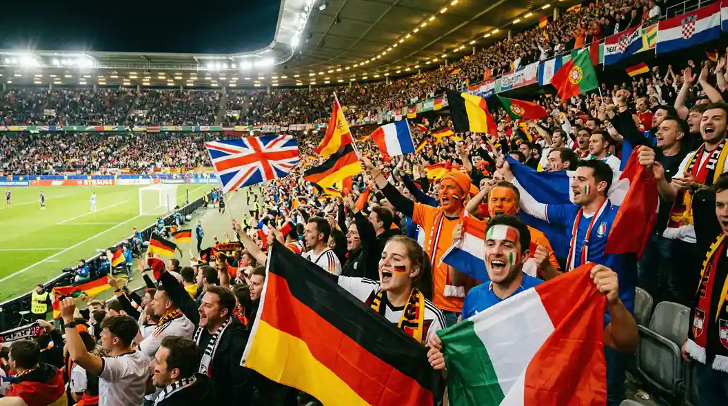 Europäische Fußballfans mit Landesflaggen jubeln auf der Tribüne