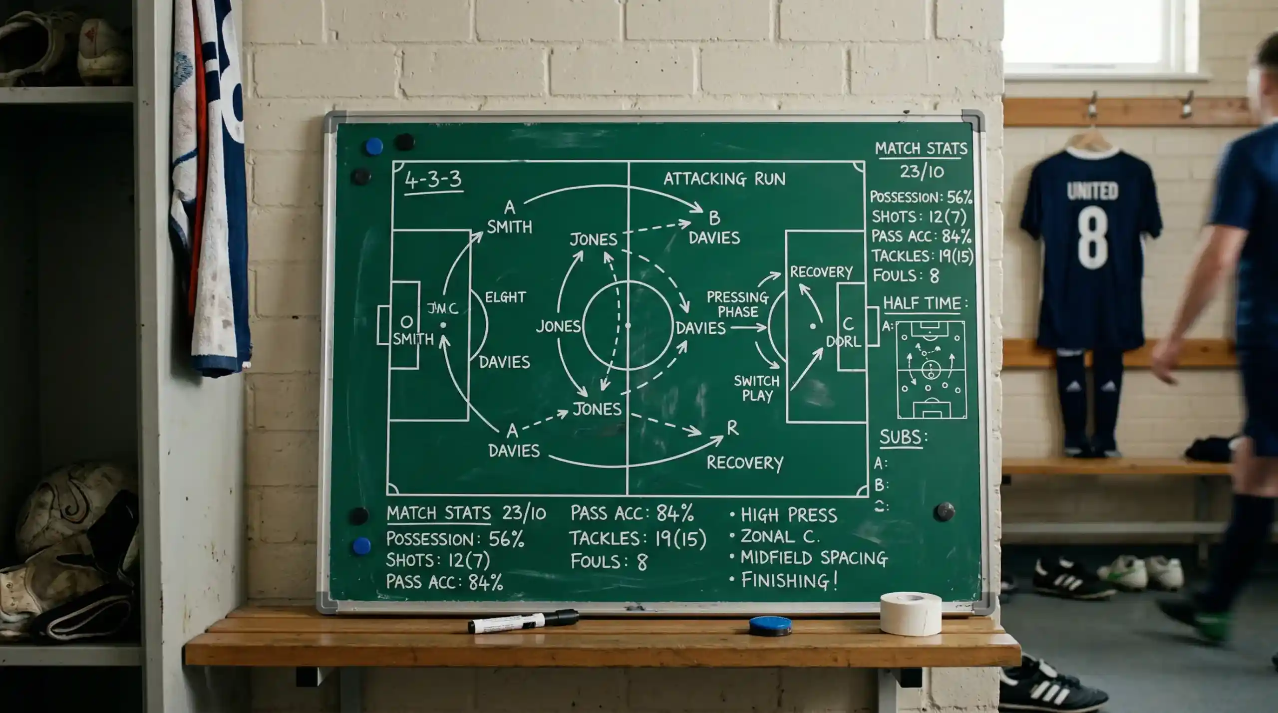 Taktiktafel mit Fußballfeld-Zeichnung und Statistik-Notizen