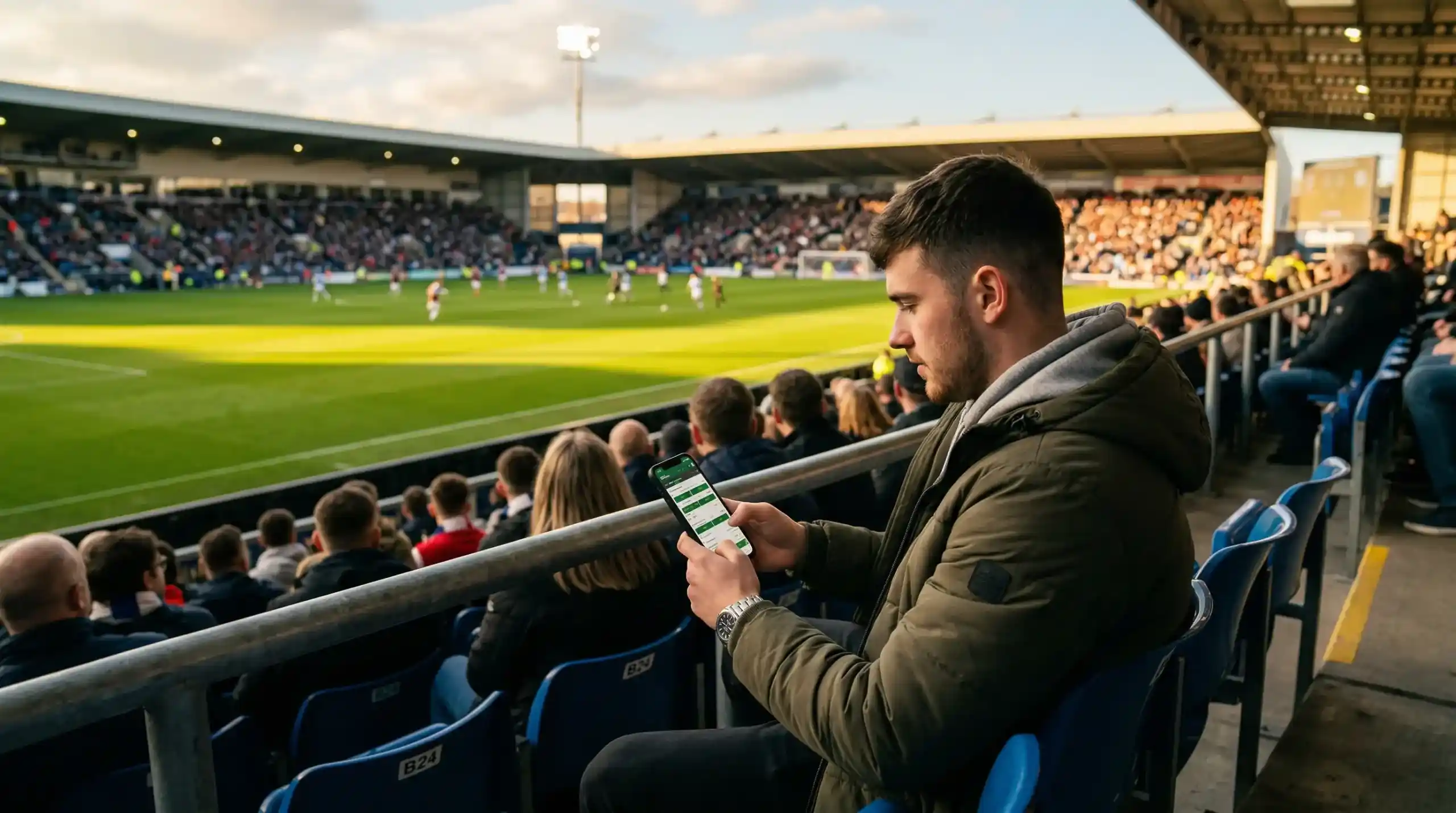 Fußballfan studiert Wettquoten auf einem Smartphone im Stadion