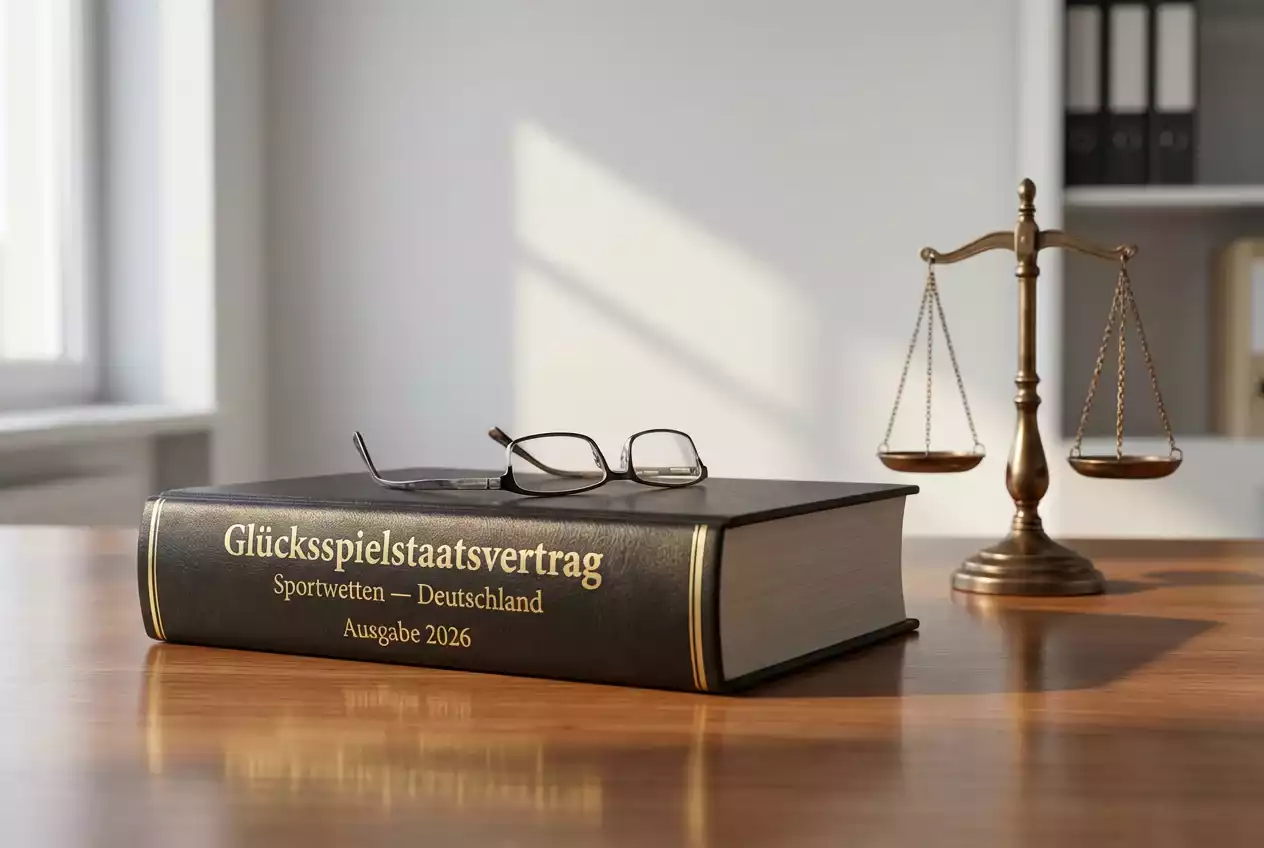 Deutsches Gesetzbuch neben einer Waage der Justitia auf einem Schreibtisch