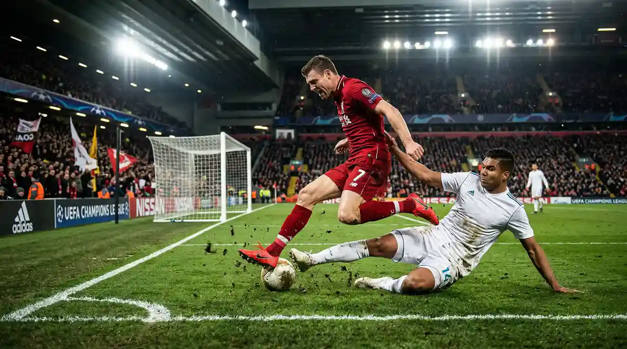 Fußballspieler im Zweikampf vor dem Strafraum bei einem Flutlichtspiel
