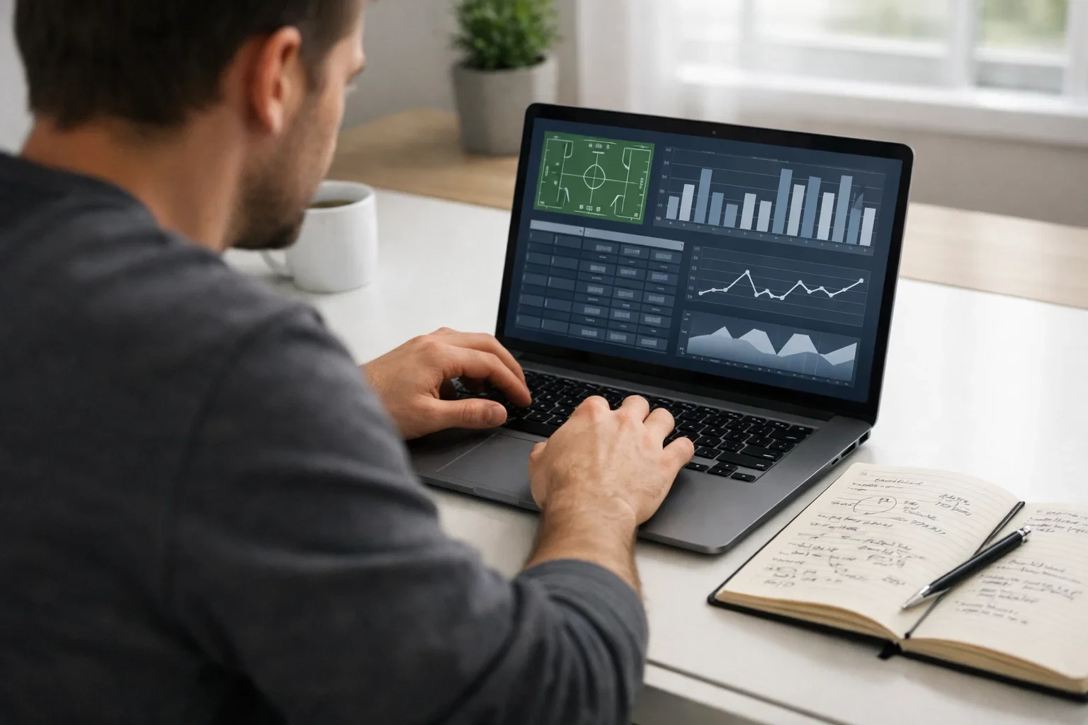 Person analysiert Fußballstatistiken am Laptop