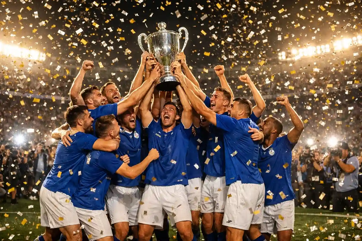 Mannschaft feiert mit Pokal den Meistertitel