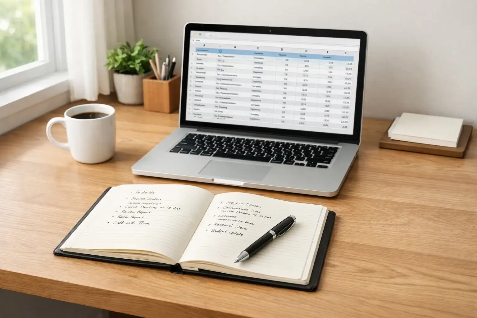 Strukturierter Arbeitsplatz mit Notizbuch und Laptop