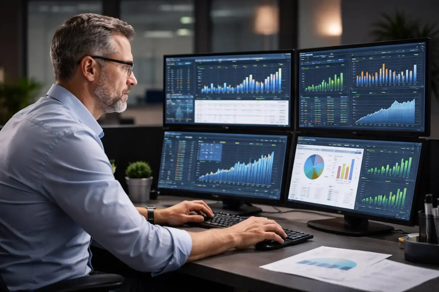 Buchmacher bei der Arbeit am Computer mit Statistiken