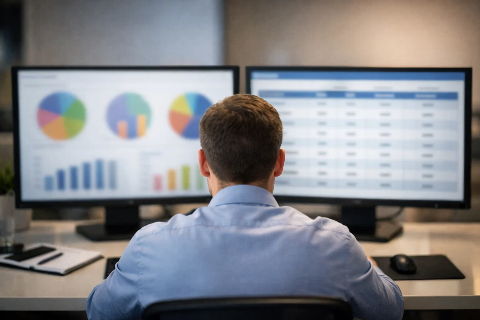 Analytiker vergleicht Daten auf mehreren Monitoren