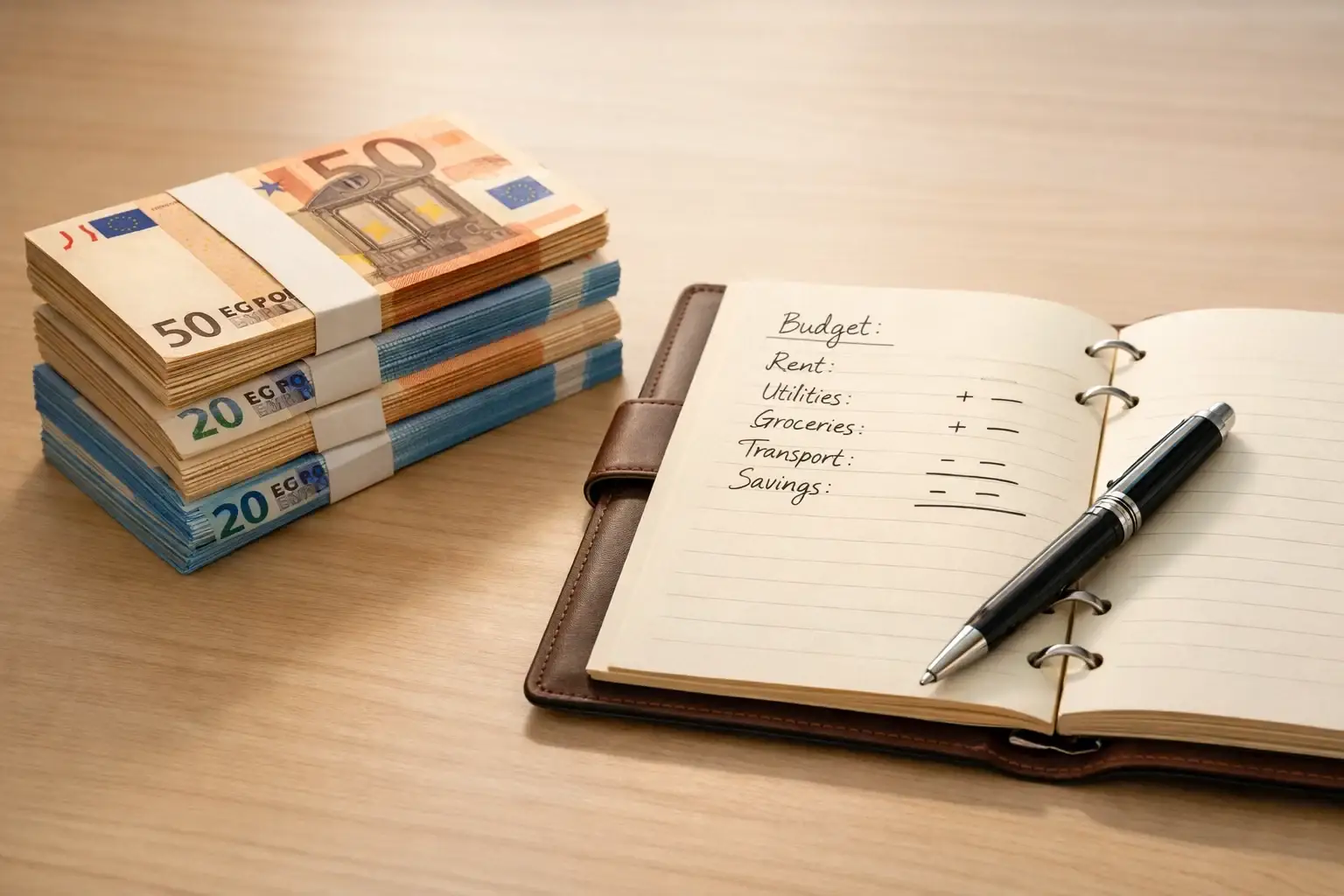 Ordentlich sortierte Euro-Scheine und Notizbuch auf dem Tisch