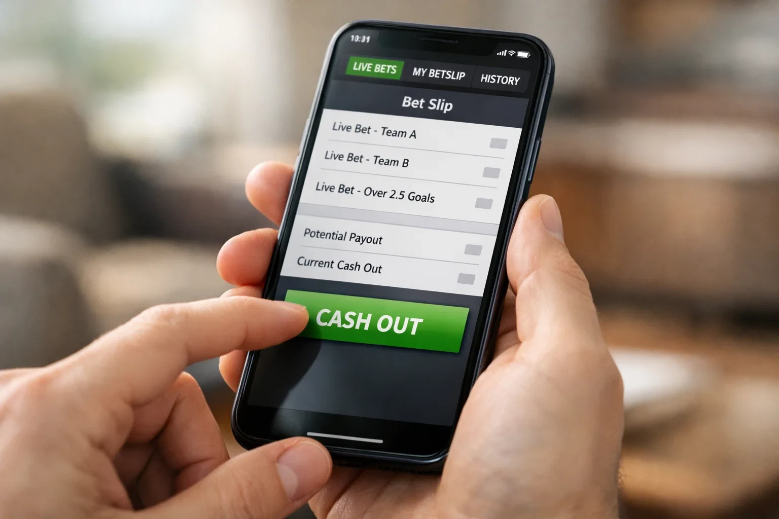 Hand tippt auf Smartphone mit Sportwetten-App