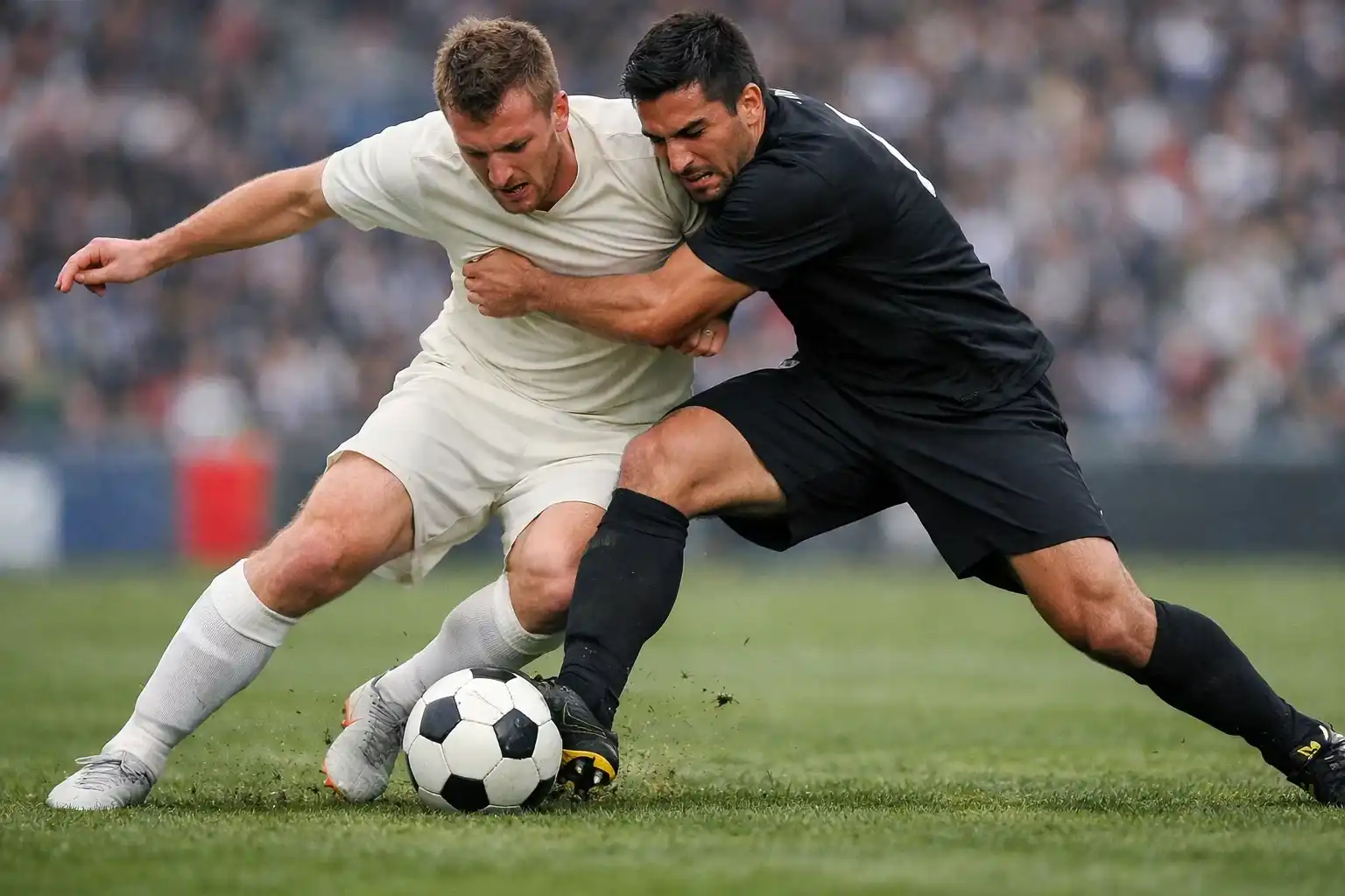 Fußballspiel in vollem Gange mit Spielern im Zweikampf