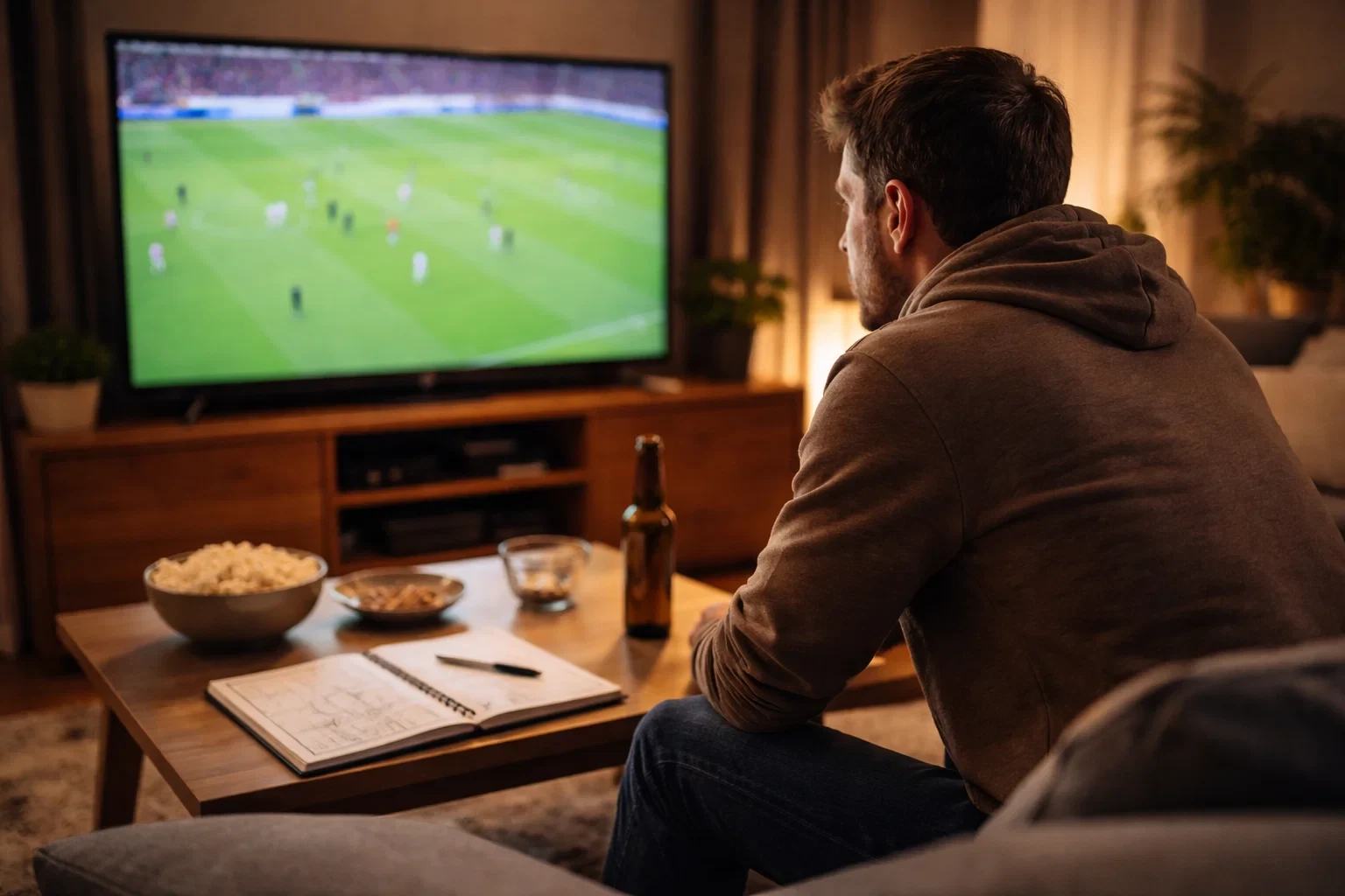 Konzentrierter Fan verfolgt Fußballspiel auf dem Bildschirm