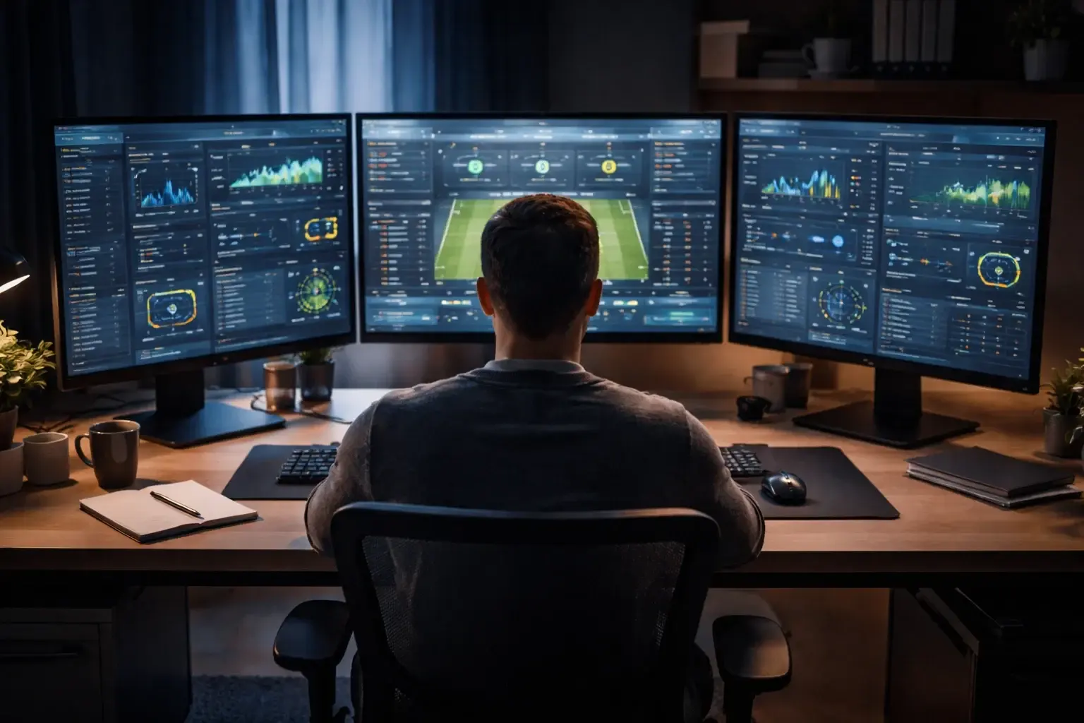 Arbeitsplatz mit mehreren Monitoren zeigt Live-Statistiken