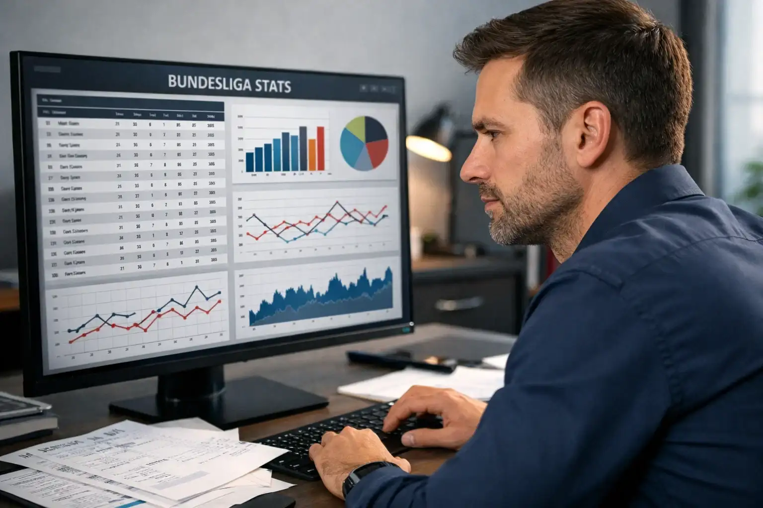 Analyst studiert Bundesliga-Statistiken am Computer