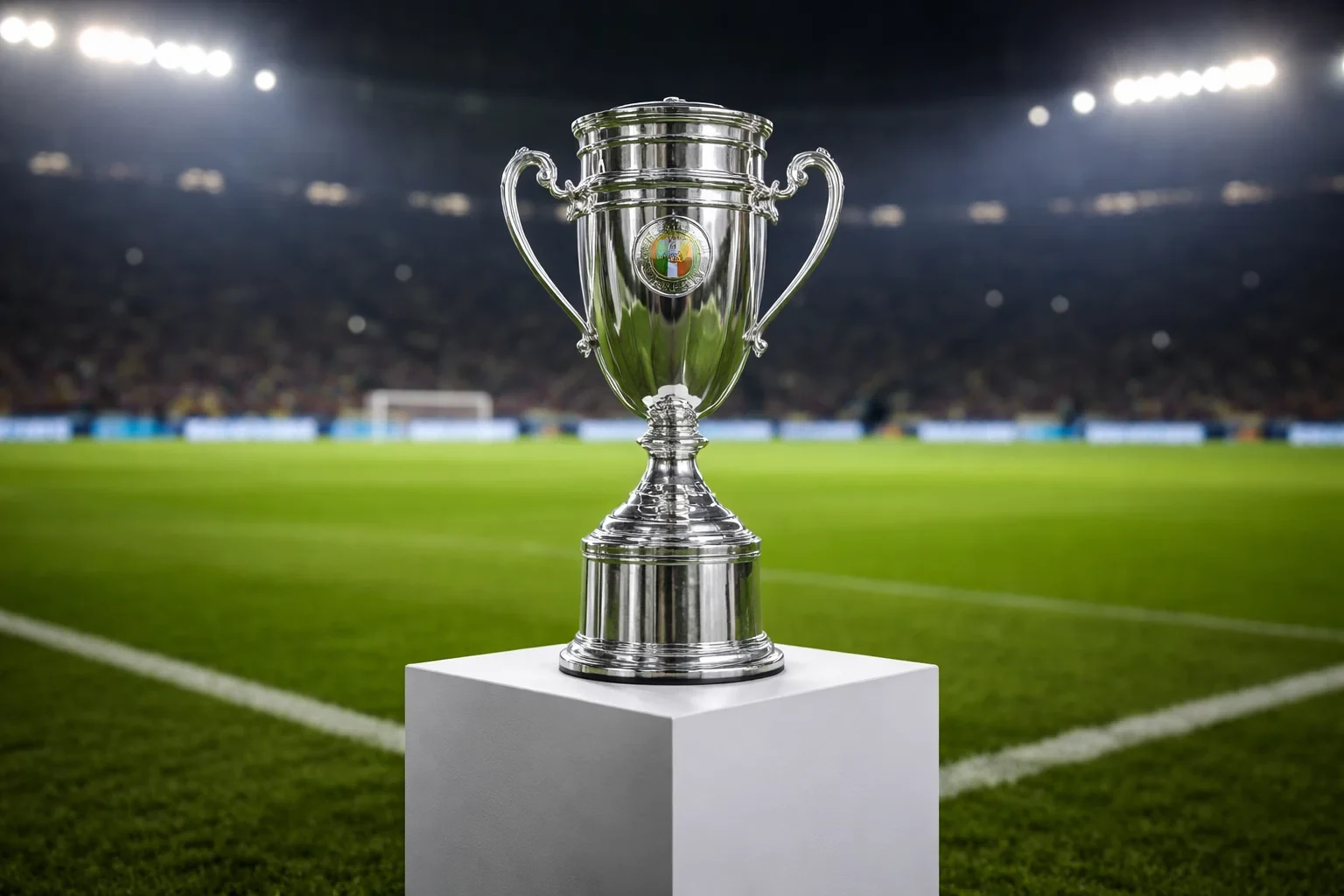DFB-Pokal Trophäe auf dem Fußballfeld