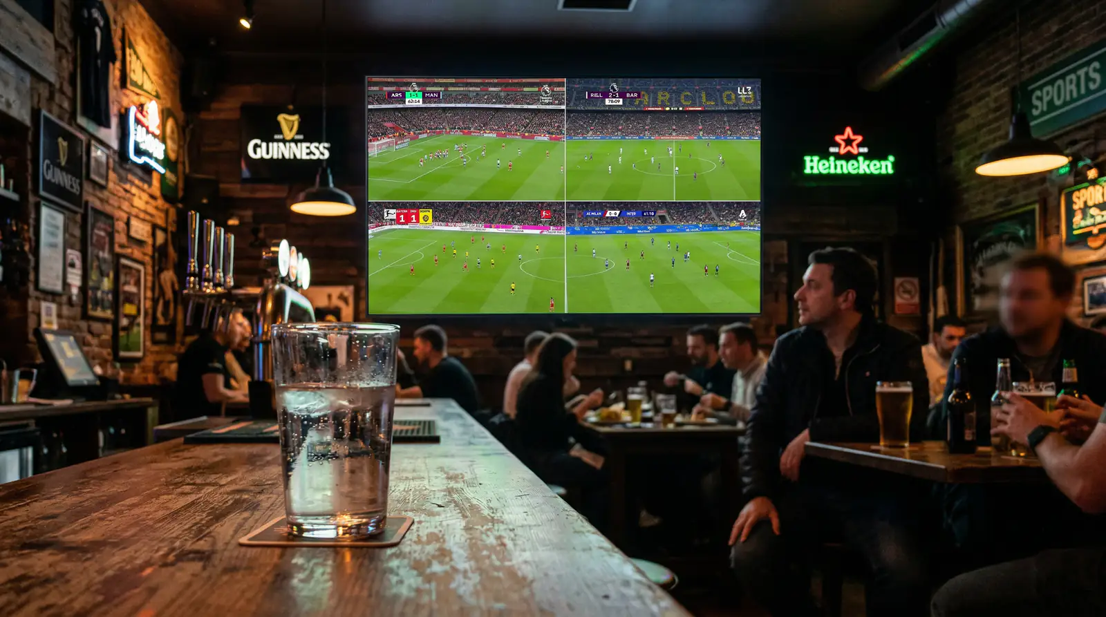Mehrere Fußballspiele gleichzeitig auf einem großen Bildschirm in einer Sportsbar