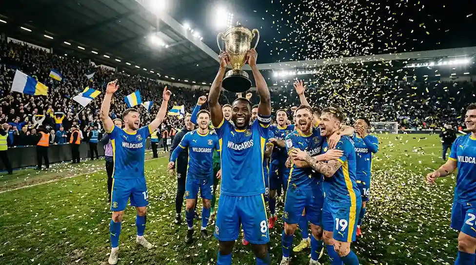 Fußballmannschaft hebt den Meisterpokal auf dem Rasen bei Konfettiregen