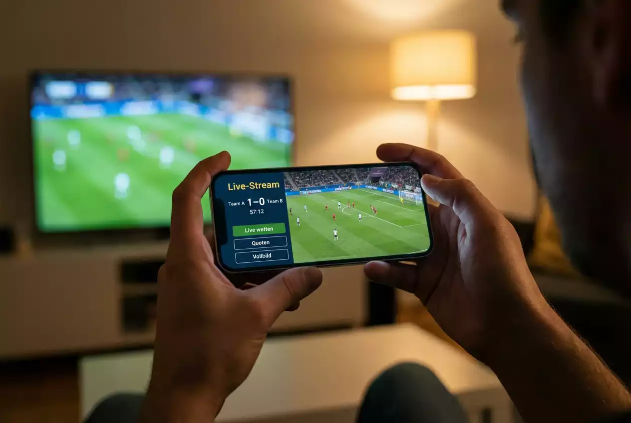 Fußballfan verfolgt ein Livespiel auf dem Smartphone mit Stadion im Hintergrund