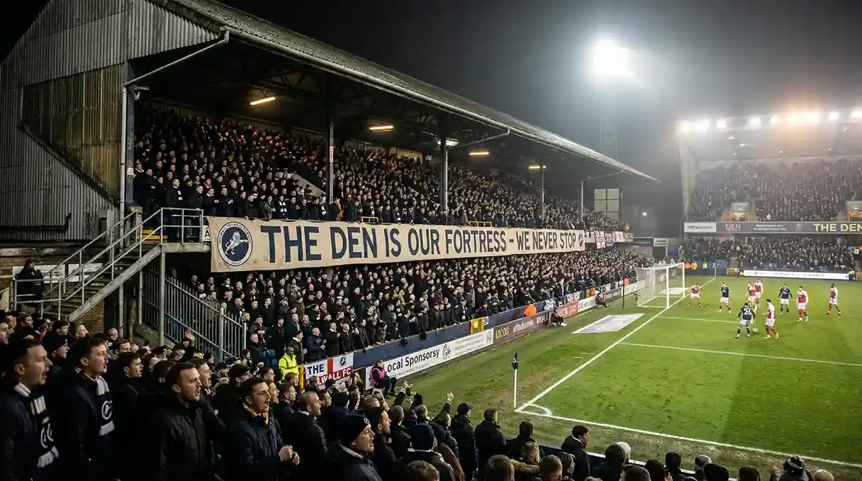 Englisches Fußballstadion mit steiler Tribüne und dichter Atmosphäre bei Flutlicht