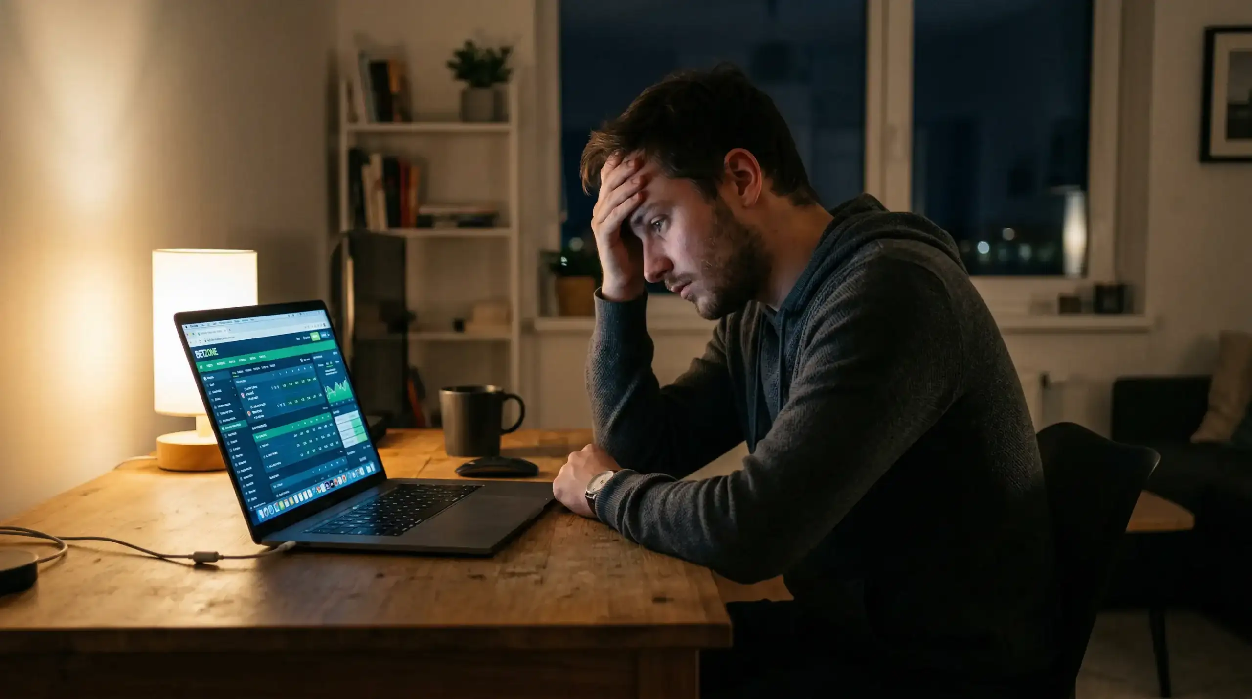 Nachdenklicher Mann sitzt vor einem Laptop und hält sich die Stirn