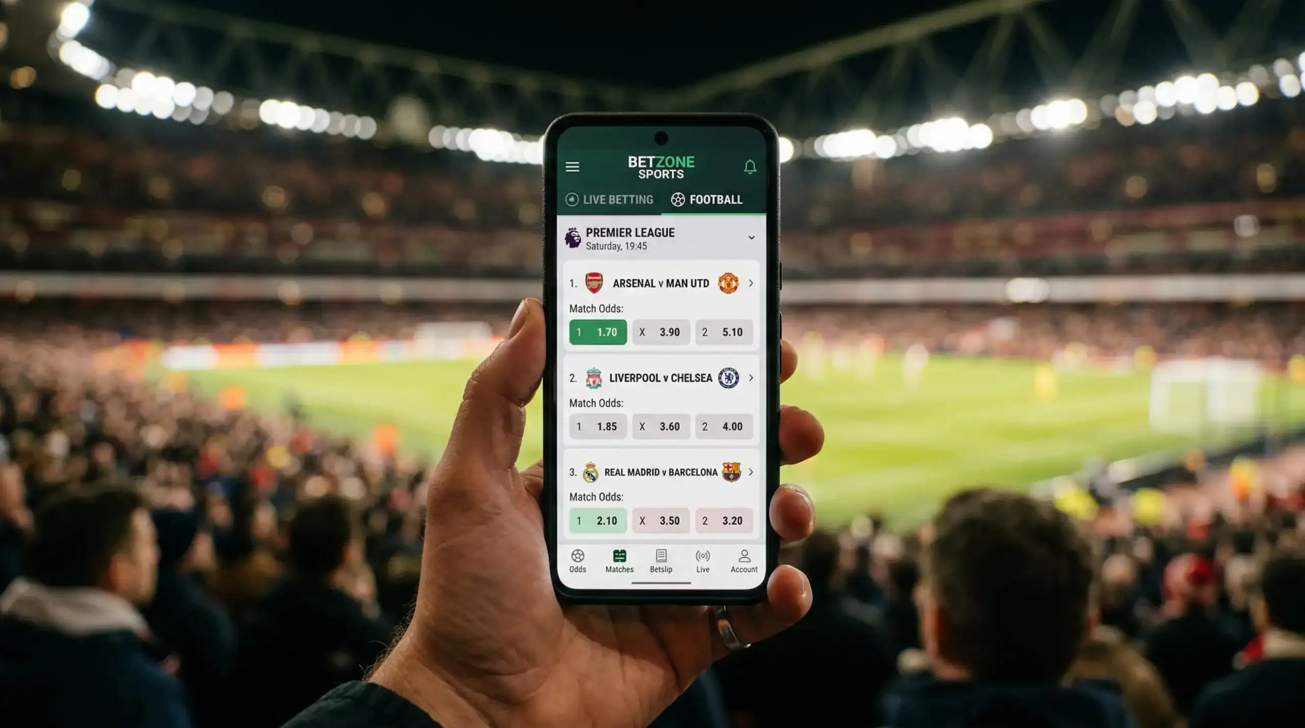 Hand hält ein Smartphone mit einer Sportwetten-App auf dem Bildschirm