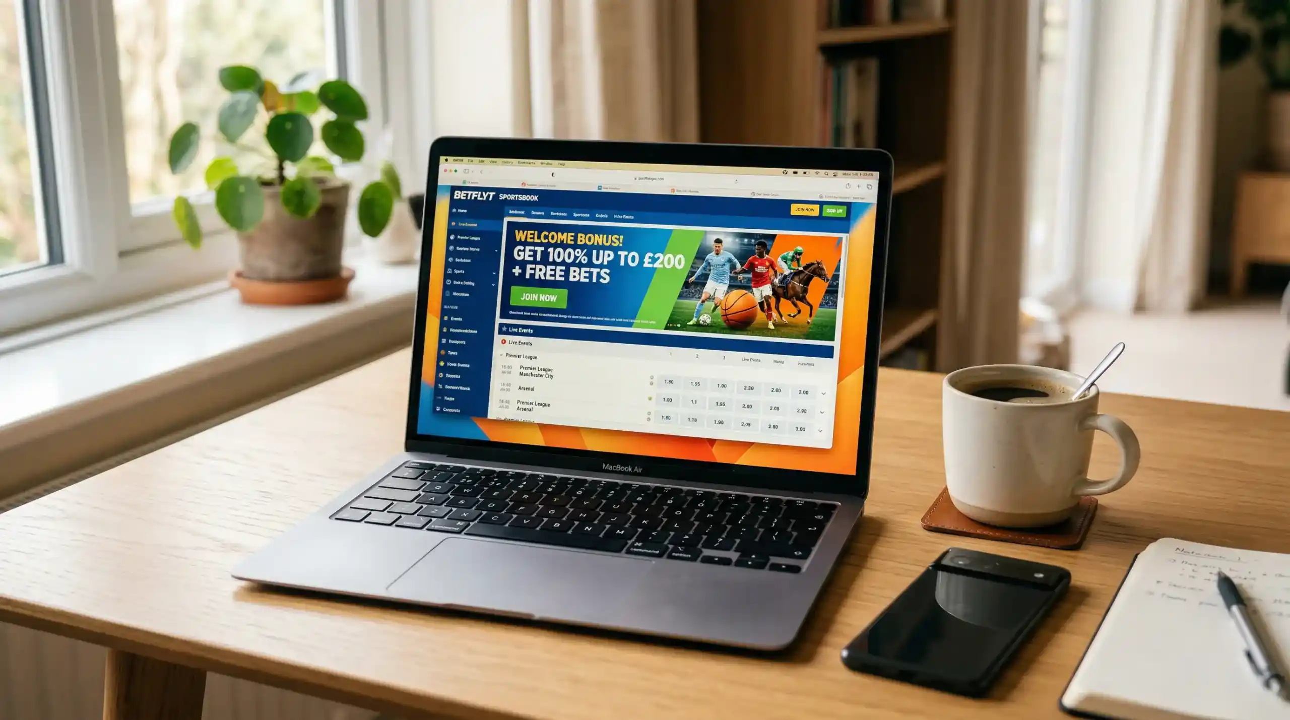 Geöffneter Laptop mit Sportwetten-Website und Bonusangebot auf dem Bildschirm