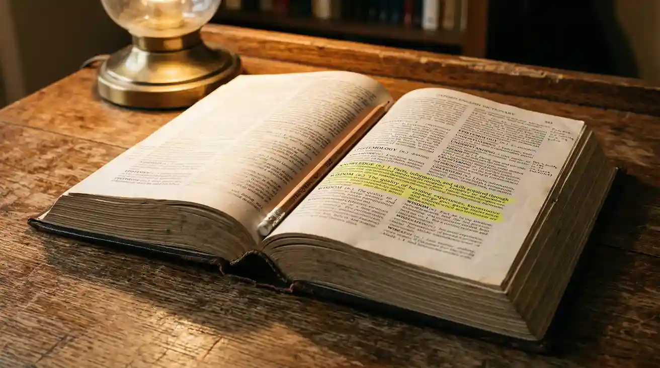 Aufgeschlagenes Wörterbuch mit markierten Fachbegriffen auf einem Holztisch