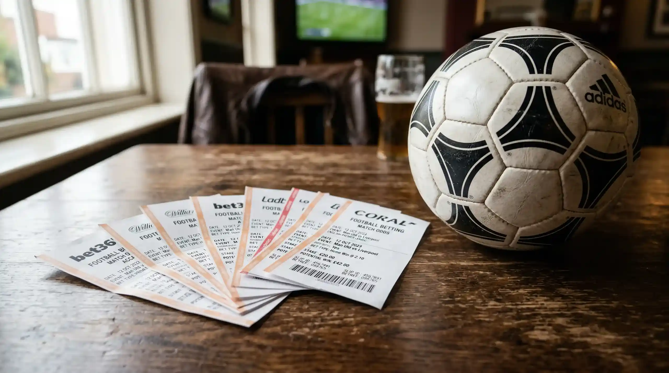 Aufgefächerte Wettscheine auf einem Tisch neben einem Fußball