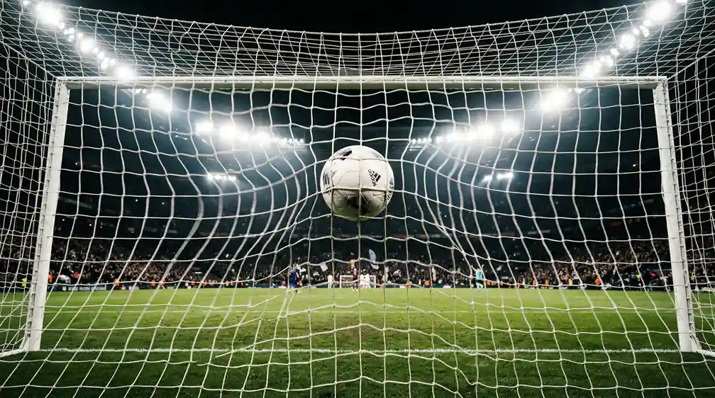 Fußball fliegt ins Tornetz bei einem Tor während eines Abendspiels