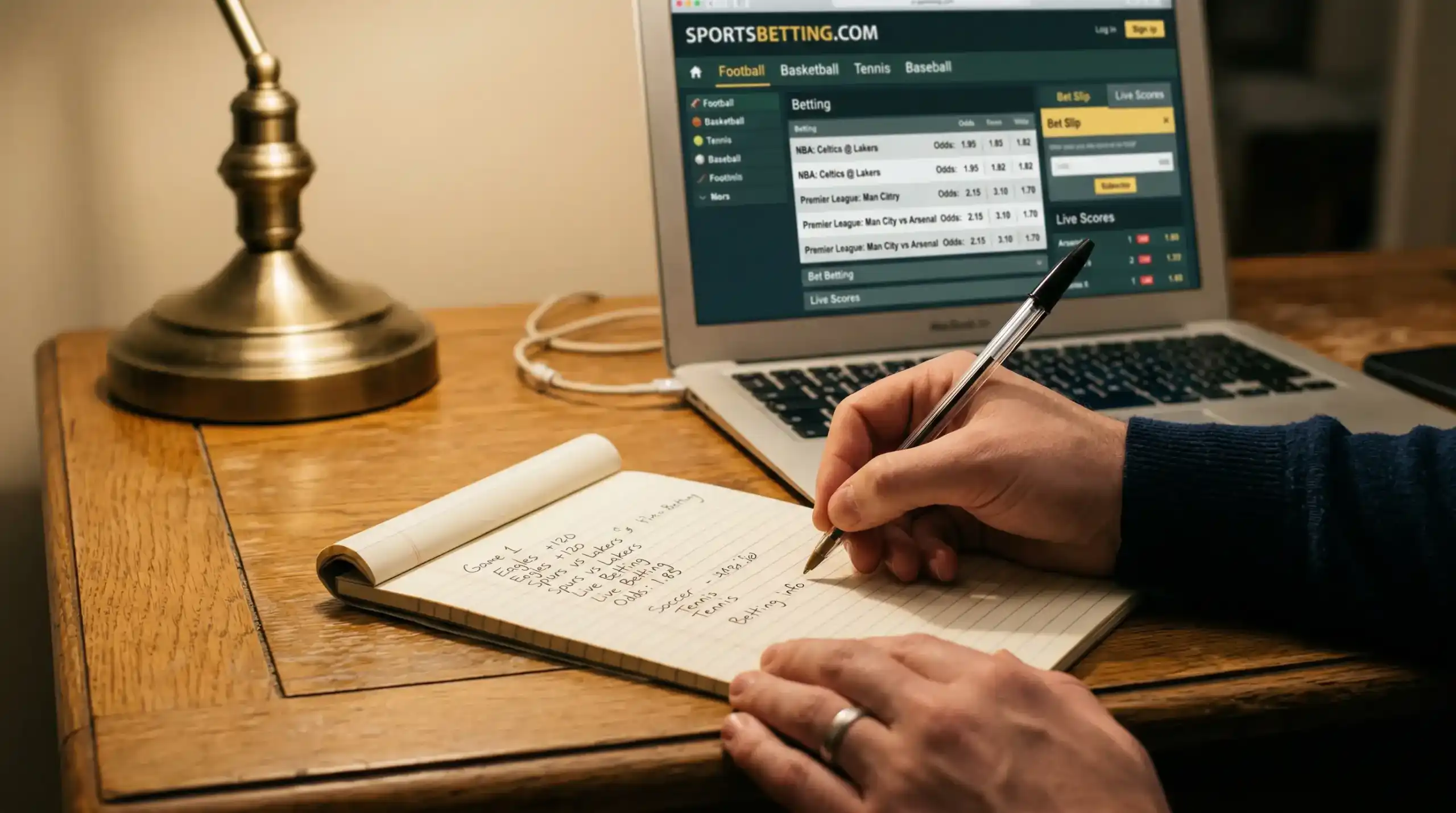 Person analysiert Wettquoten mit Notizblock und Stift am Schreibtisch
