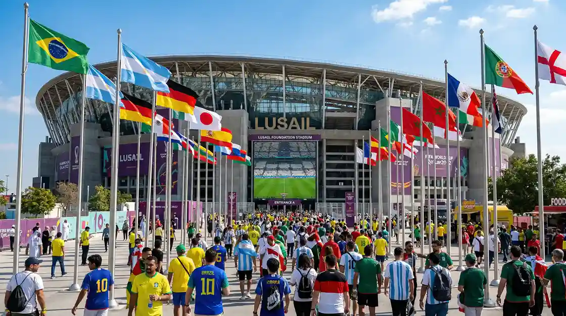 Großes Fußballstadion mit Nationalflaggen verschiedener Länder bei einem WM-Spiel